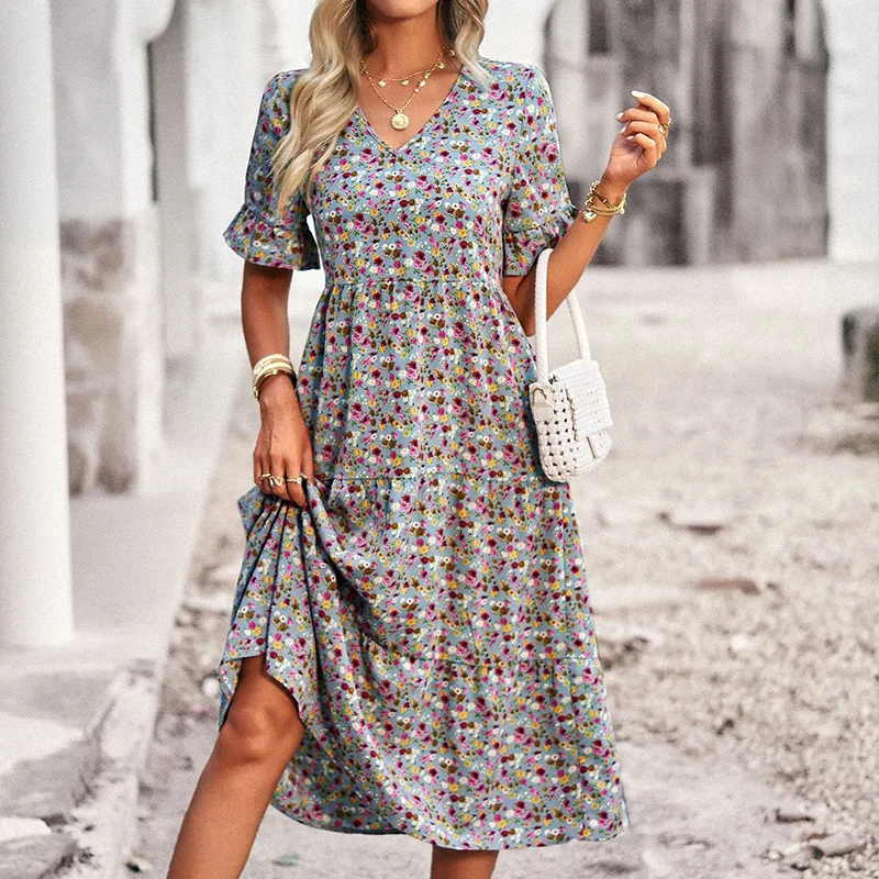 Boho Summer Women's V Neck Long Dress Elegant Floral Printed Short Sleeve High Waist A Line Casual Holiday Maxi Dresses Vestidos