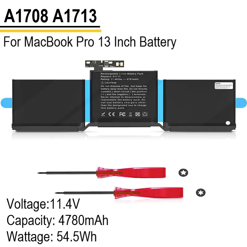 

A1708 Battery Replacement A1713 Battery for MacBook Pro 13 Inch A1708 [2016 2017 Years] EMC 2978 3164 MPXQ2LL 54.5 Wh; 4780 mAh