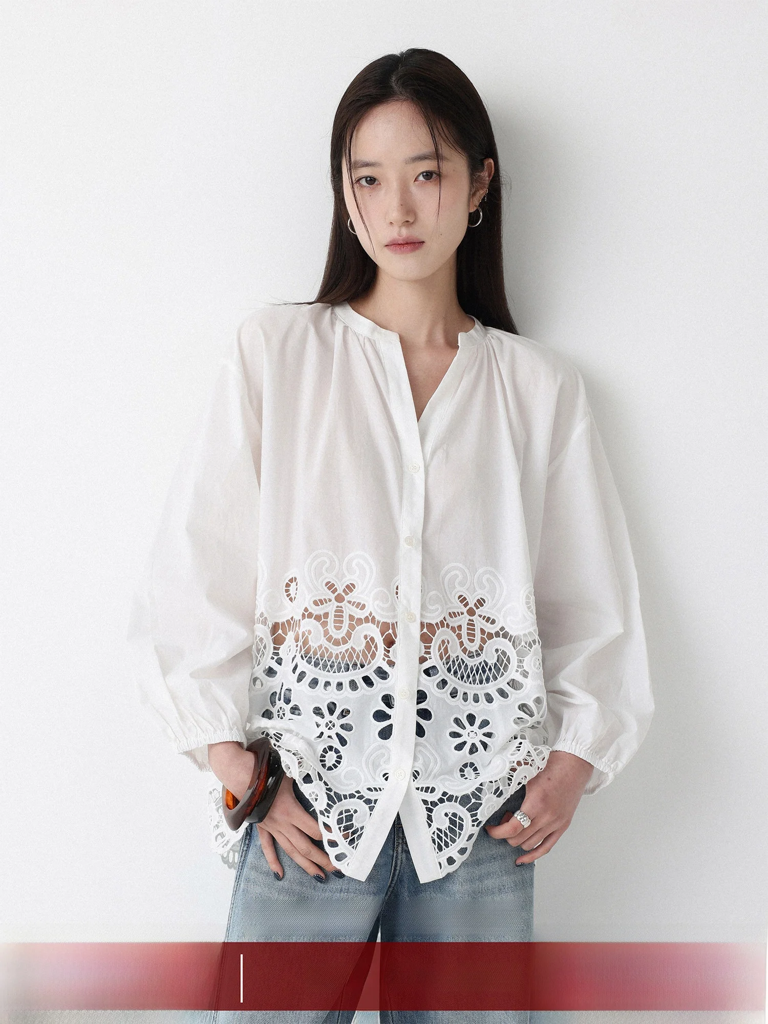 

Lowcalorie Hollow out Embroidery Long Sleeve Shirt round Neck Casual Style Women's Cotton Breathable Loose Fit Spring Cardigan