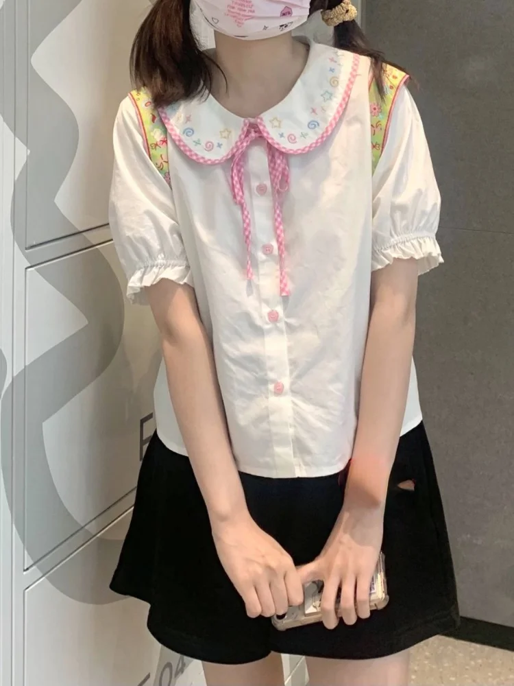 Kawaii Girl Preppy Style Shirt Female Doll Collar Embroidery White Blouse Women Japanese Sweet Shirts Bow Tops Femme Harajuku