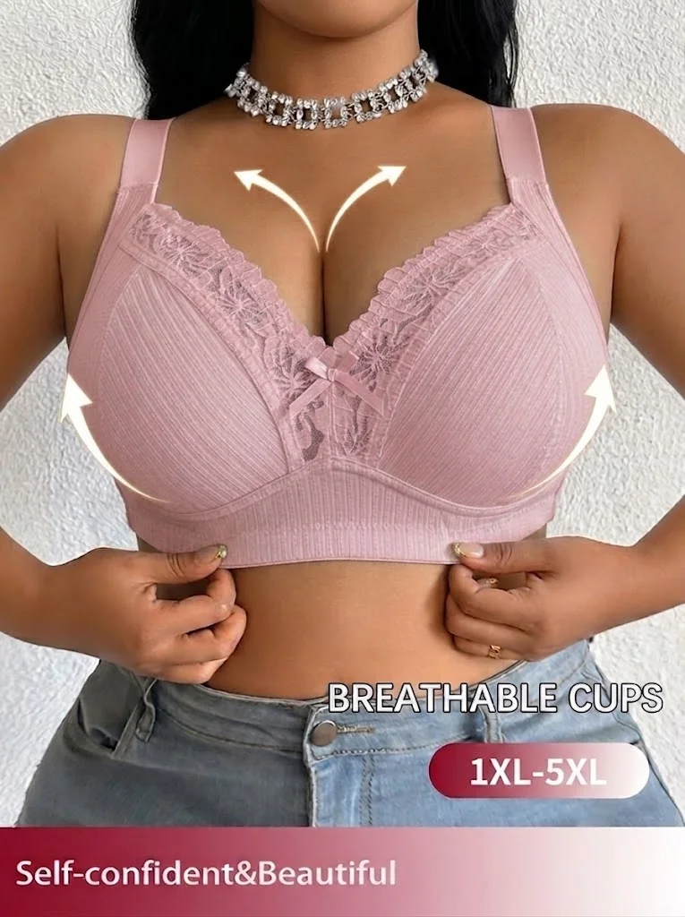 Sujetador sin aros para mujer, tallas grandes 1XL-5XL, de encaje, push-up, acanalado, transpirable, copa completa, con tirantes anchos ajustables y cierre trasero de corchetes.