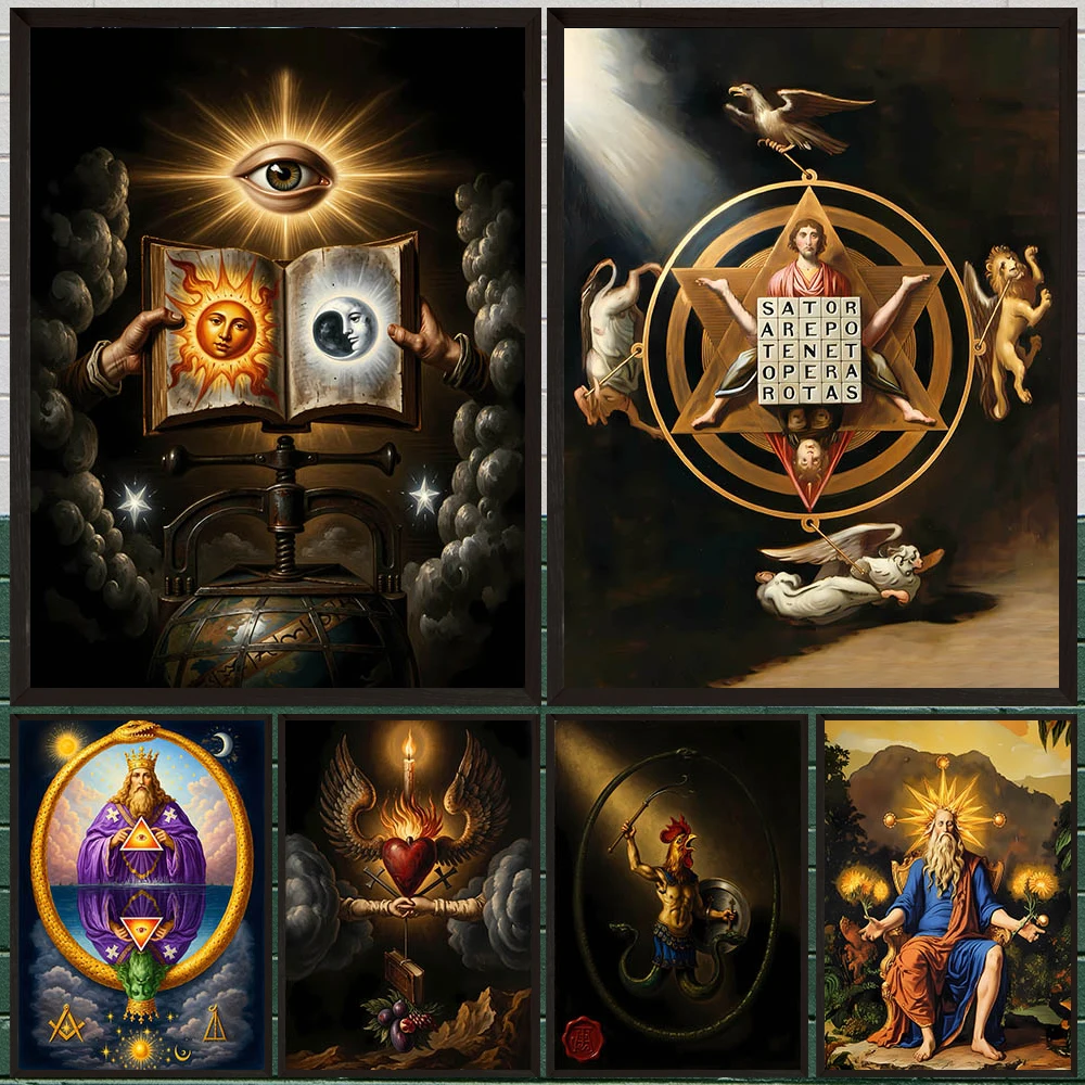 Mystical Masonic All-Seeing Eye And Sapientia Ouroboros Poster Print,Vintage Spiritual Alchemist Wall Art Canvas Decor Unframed