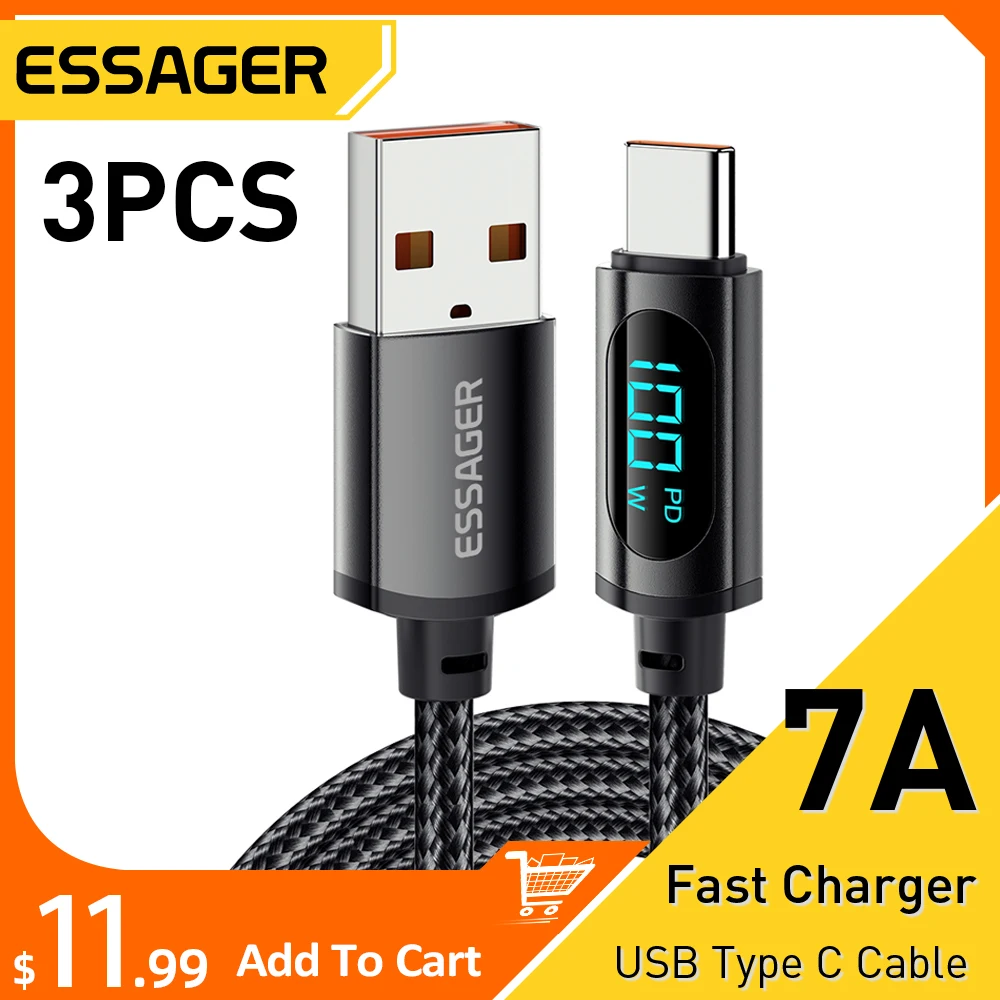 Essager 3PCS 7A USB Type C Cable Display PD 100W Fast Charging USB C Data Cord For Samsung Honor 70 Pro Oneplus Charger Wire