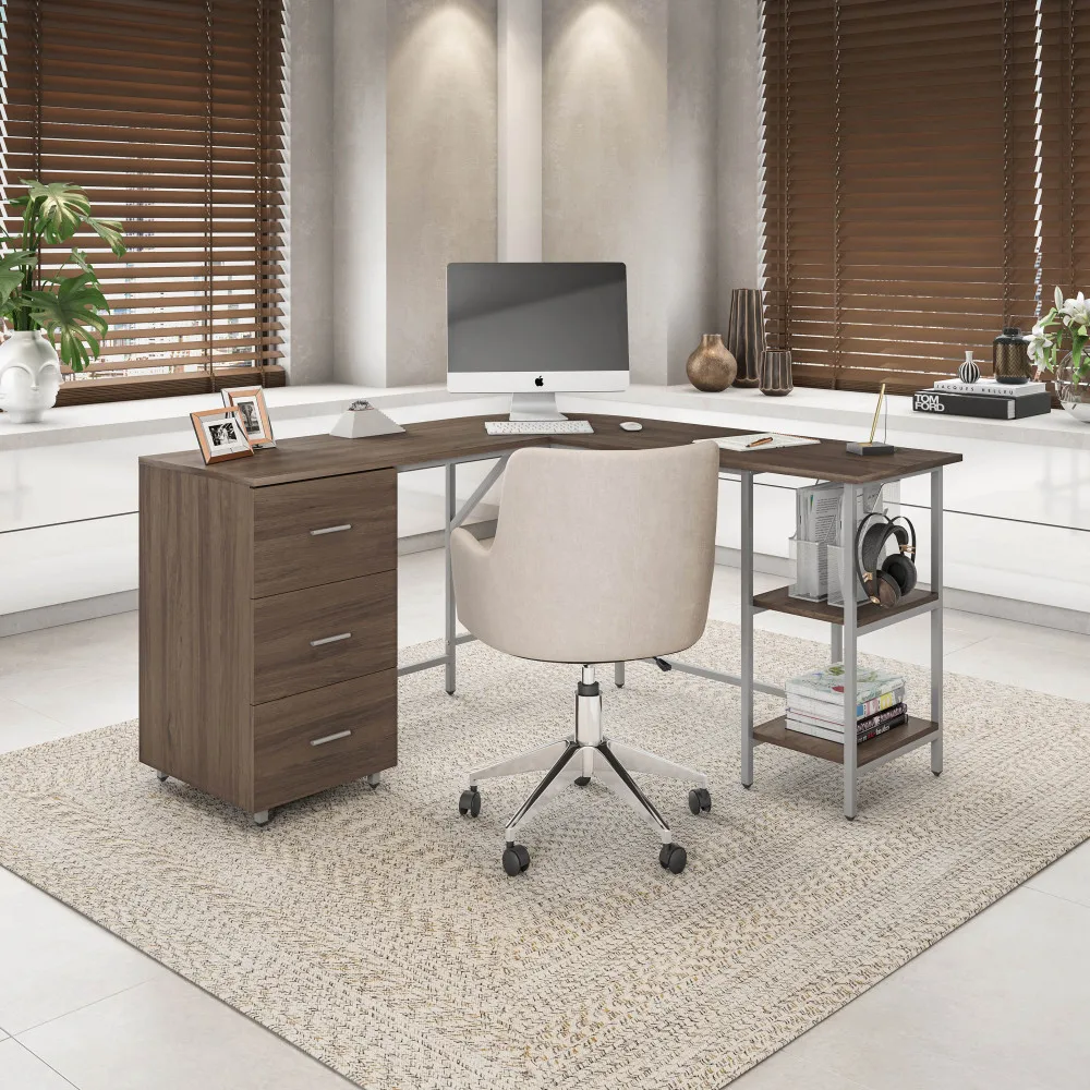 

L-Shape Home Office Two Tone Desk with Storage, Walnut