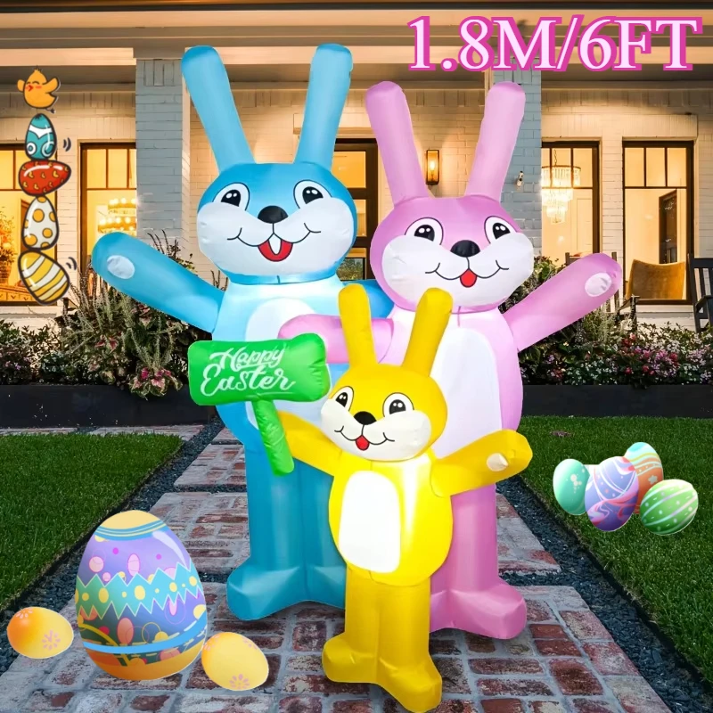 1.8M/6FT Easter Inflatables Toys Decorations Three Bunnies Family Outdoor LED Lighted Easter Blow Up for Party Home Decor