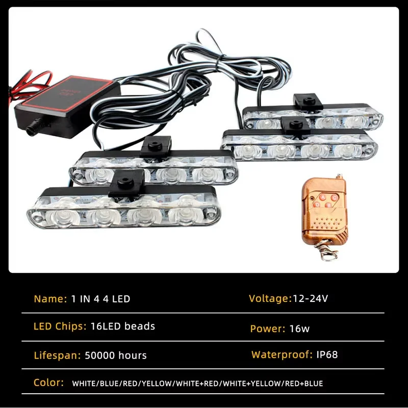 1Set 4 In1 Car Red Blue Emergency Flash Lights 12V With Wireless Remote Control Strobe Front Grille Light For Cars Truck Van SUV