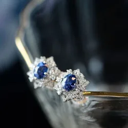 Deep Blue Sparkling Gemstone Flower Earings Stud Silver Inlaid Crystal Light Luxury Earrings for Women Exquisite Charms Jewelry