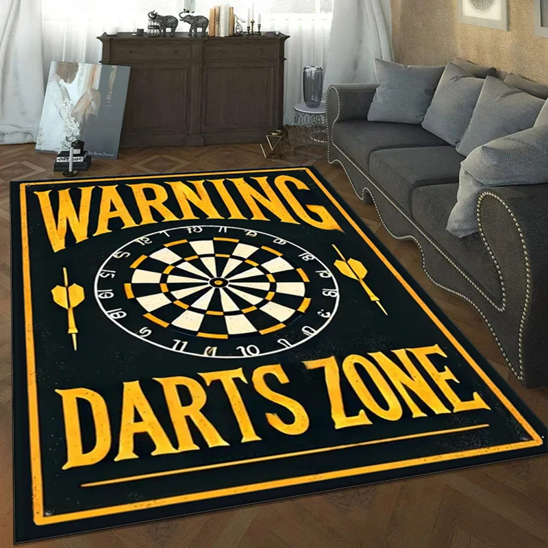 WARNING DARTS ZONE 3D Printed Mat - Bold Black & Yellow Design with White Dartboard & Arrows | Durable Flannel Mat for Living Ro