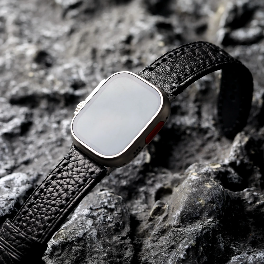 Handmade Lychee Grain First Layer Cowhide Leather Strap For Apple Watch Ultra2 S9 49mm 45MM Brown Black Soft Thickened Bracelet