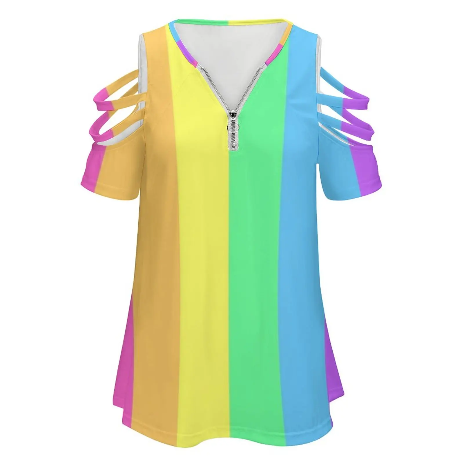 Pastel Rainbow Sherbet Splash Women's T-Shirt New Fashion Printed Zipper V-Neck Short Sleeve T Shirts Casual Plus Size Rainbow