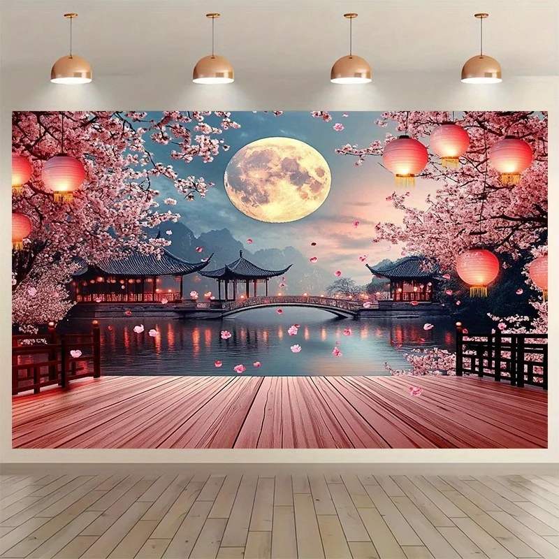 2D Banner One Piece Chinese Wind Moon Night Cherry Blossom Birthday Festival Party Multiple Sizes Can Be Selected