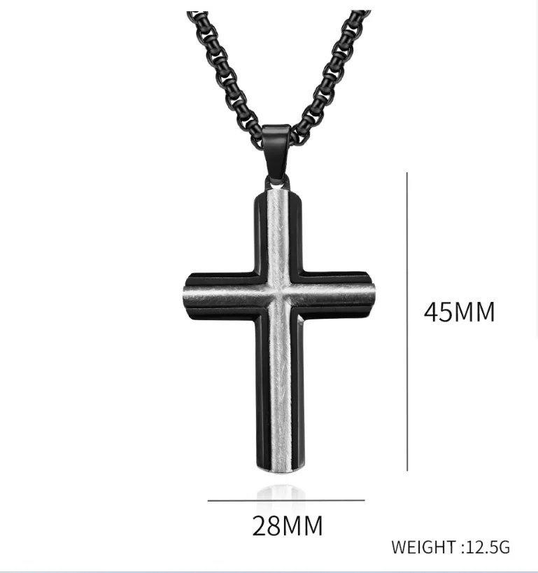 Fashion Black Double Tone Matte Brushed Waterproof Stainless Steel Religious Cross Pendant Necklace for Men Jewelry