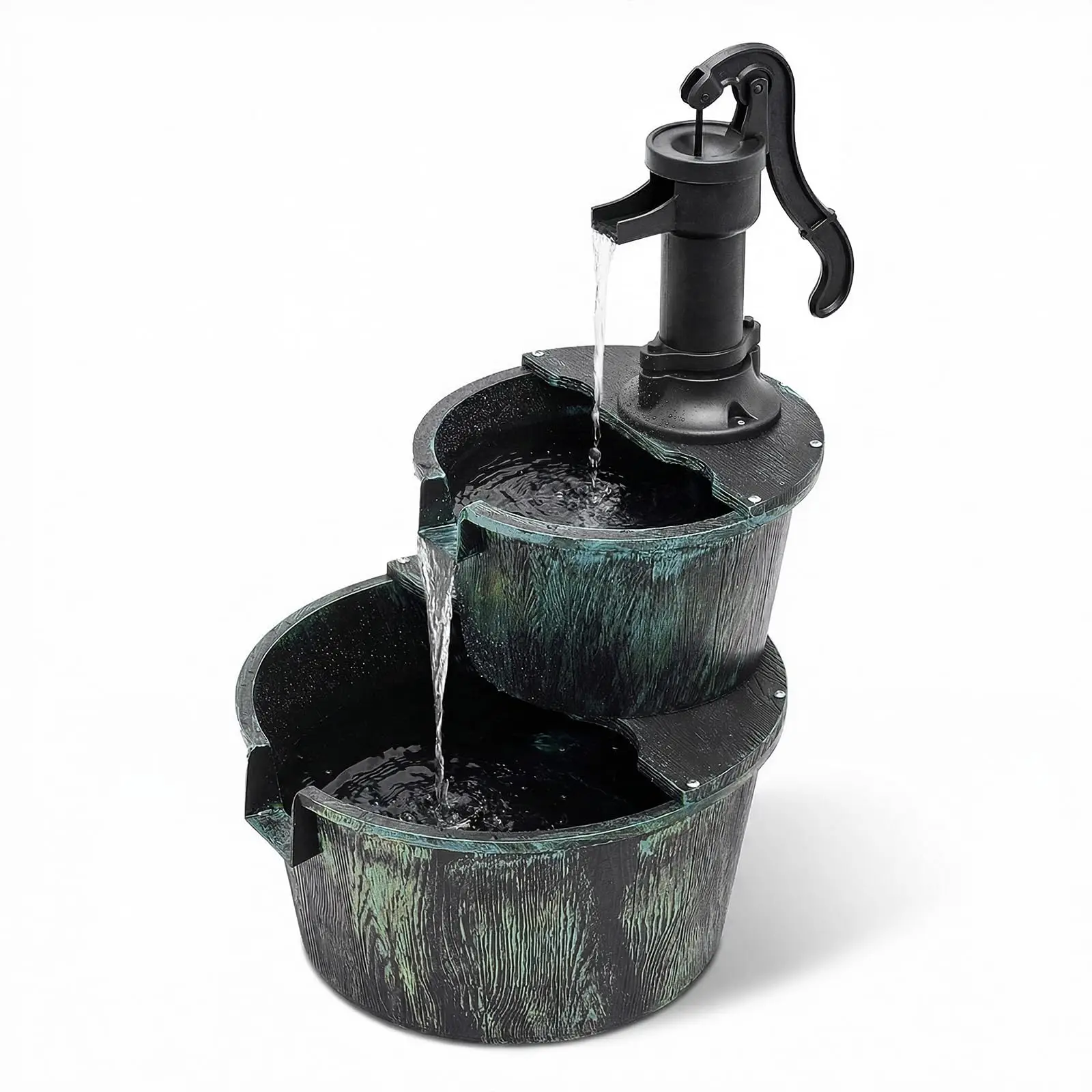2-Tier Rustic Barrel Water Fountain Outdoor, 27