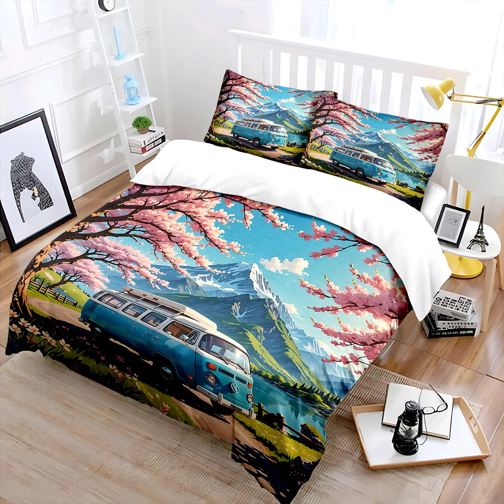 Spring mountain scenery with travel van Print Soft Comfortable Duvet Cover Bedding Set Included 1*Duvet Cover  2*Pillowcases