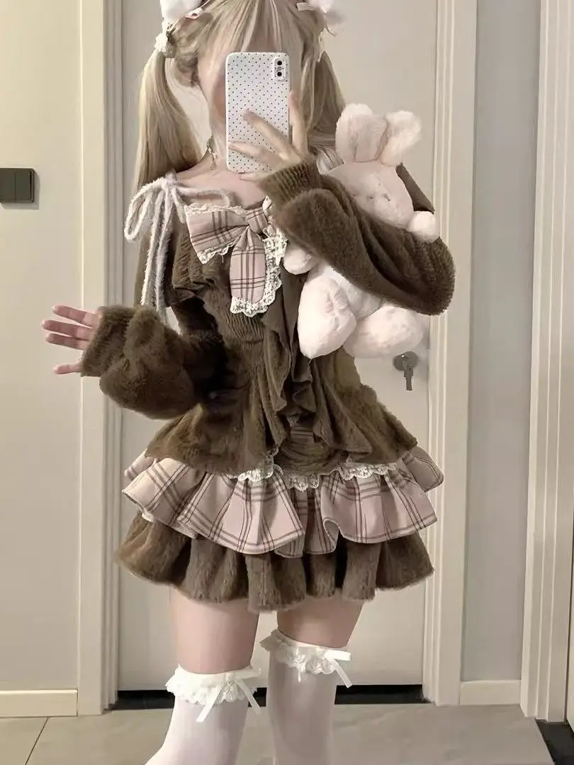 Y2K Spicy Girl Pure Desire Plaid  Skirt Women's Spring Autumn Retro Mink Fur Top High Waist Cake Skirt Two-Piece Set