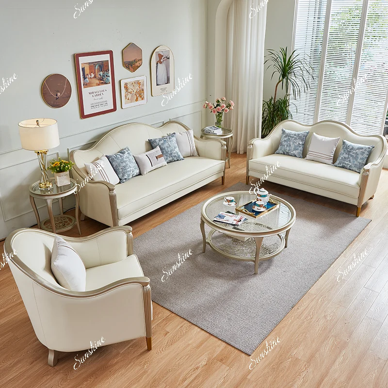 

French leather solid wood sofa living room large apartment 123-bit combination sofa