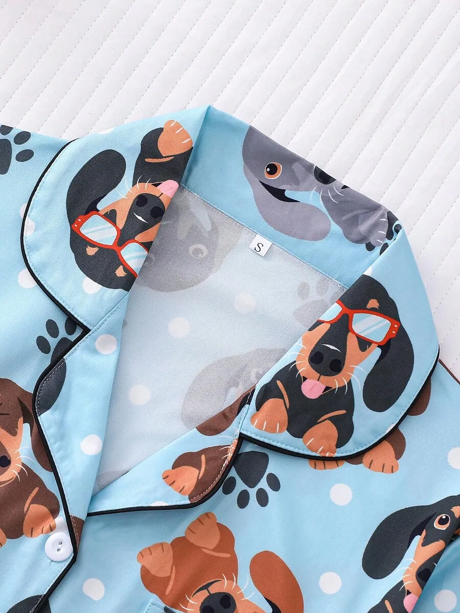 

2pcs Women Pajama Set Dachshund Print Short Sleeve Lapel Top And Shorts Sleepwear