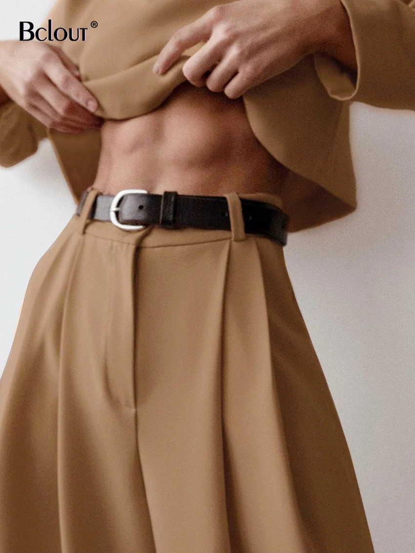 Bclout Elegant Khaki Pants Women Two Piece Outfits 2022 Autumn O-Neck Long Sleeve Tops Office Loose Pleated Wide Leg Pants Suits