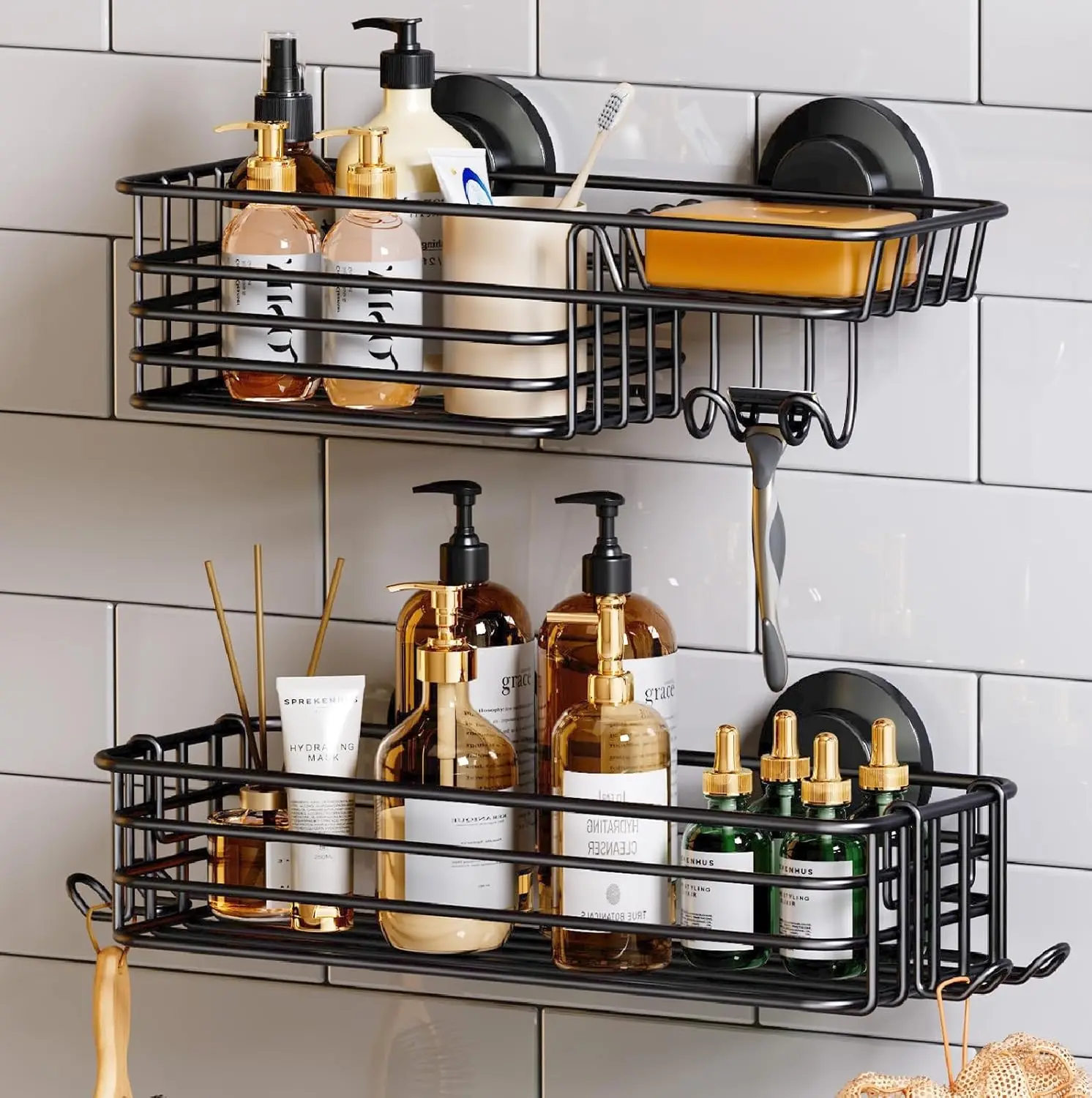 

Heavy Duty Suction Shower Caddy 2 Pack with Hooks Soap Holder No Drill Large Capacity Black Metal Basket Storage