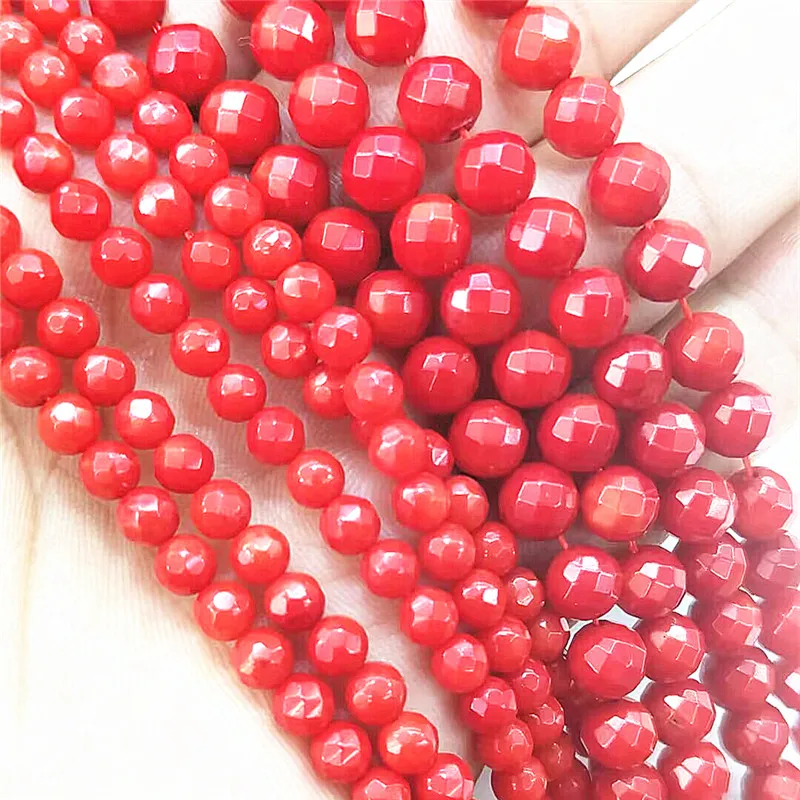1Strings Faceted Red Coral Ball Strings Round Shape 2.7MM 4.7MM LOOSE BEADS ACCESSORIES  CORAL STRINGS DIY JEWELRY ACCESSORIES