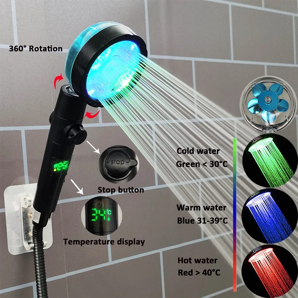 3/7 Colors Changes Temperature Display Led Shower Head Turbo Fan Propeller Filtered Showerhead One Key Stop Bathroom Accessories