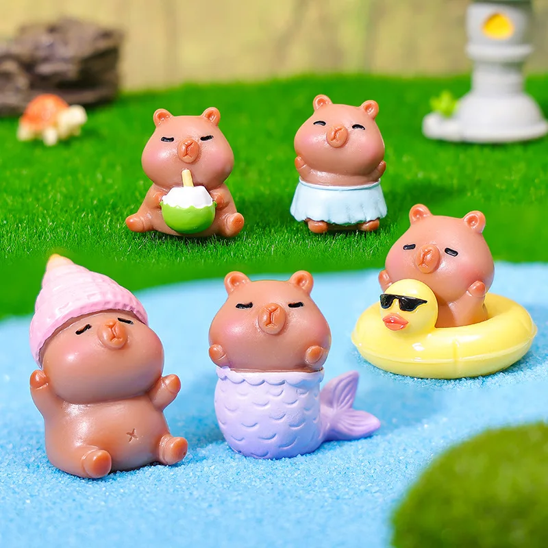 8pcs Cute Summer Pool Capybara Figurine Resin Ornaments Gift Box Car Decor Fairy Garden Desk Decoration Birthday Gift Miniatures