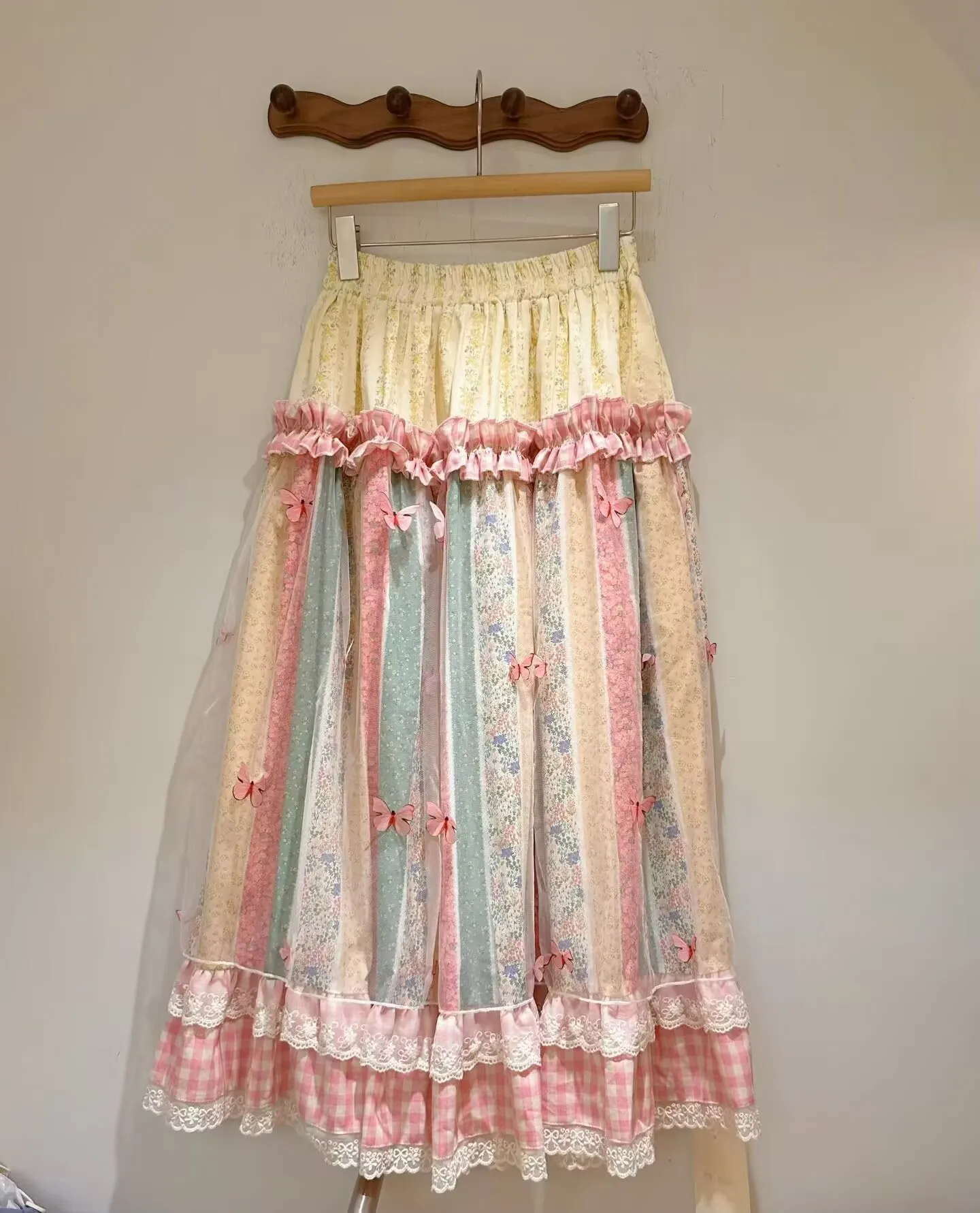Pink Color Women Vintage Lace Stitching Loose Skirts Japanese Style Casual Vacation Skirt Spring Summer Check Chic Design Skirt