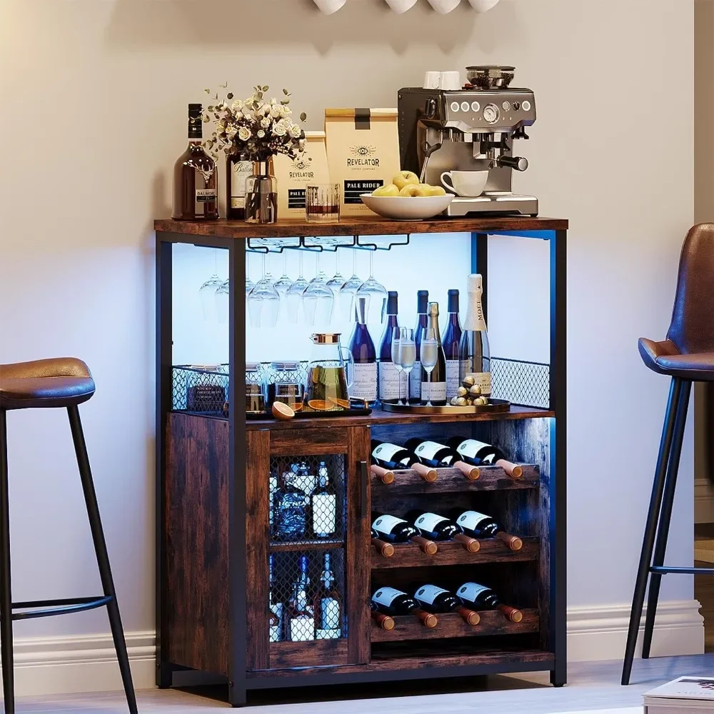 

Wine Bar Rack Cabinet with Light, Adjustable Shelves Coffee Bar Cabinet with Mesh Door and Baffle Design,