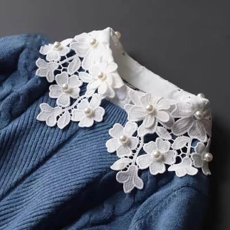 

Elegant Bead Floral Lace Detachable Collar Breathable Hollow Out Decorative Neck Collar Half Shirt Blouse False Collar