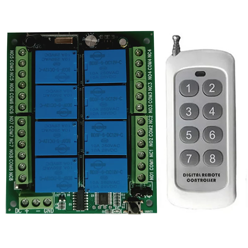 

12 В постоянного тока, 8 каналов, 8-канальный радиочастотный беспроводной пульт дистанционного управления, система дистанционного управления, приемник-передатчик, 8 каналов, 10 А, реле 433 МГц