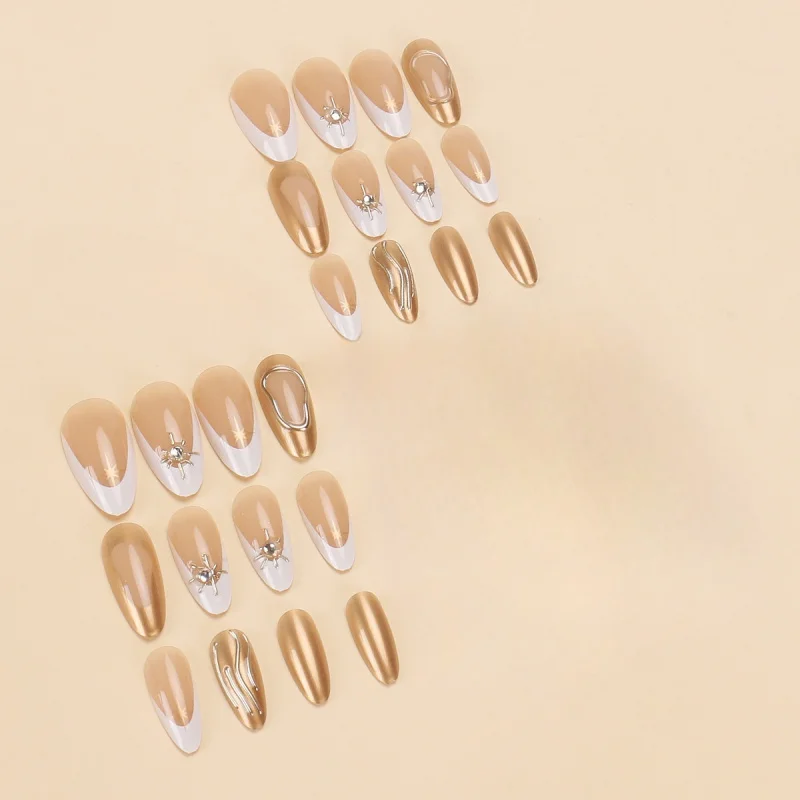 24 Uds. De uñas postizas con borde dorado francés, prensa de almendra usable, decoración de perlas simples, uñas postizas