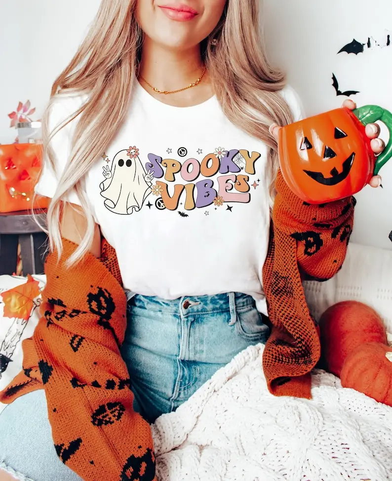 

Spooky Vibes Shirt Spooky Season Shirt Halloween Shirt Funny Ghost Shirt Crewneck Fall Apparel Pumpkin 100% Cotton Drop shipping