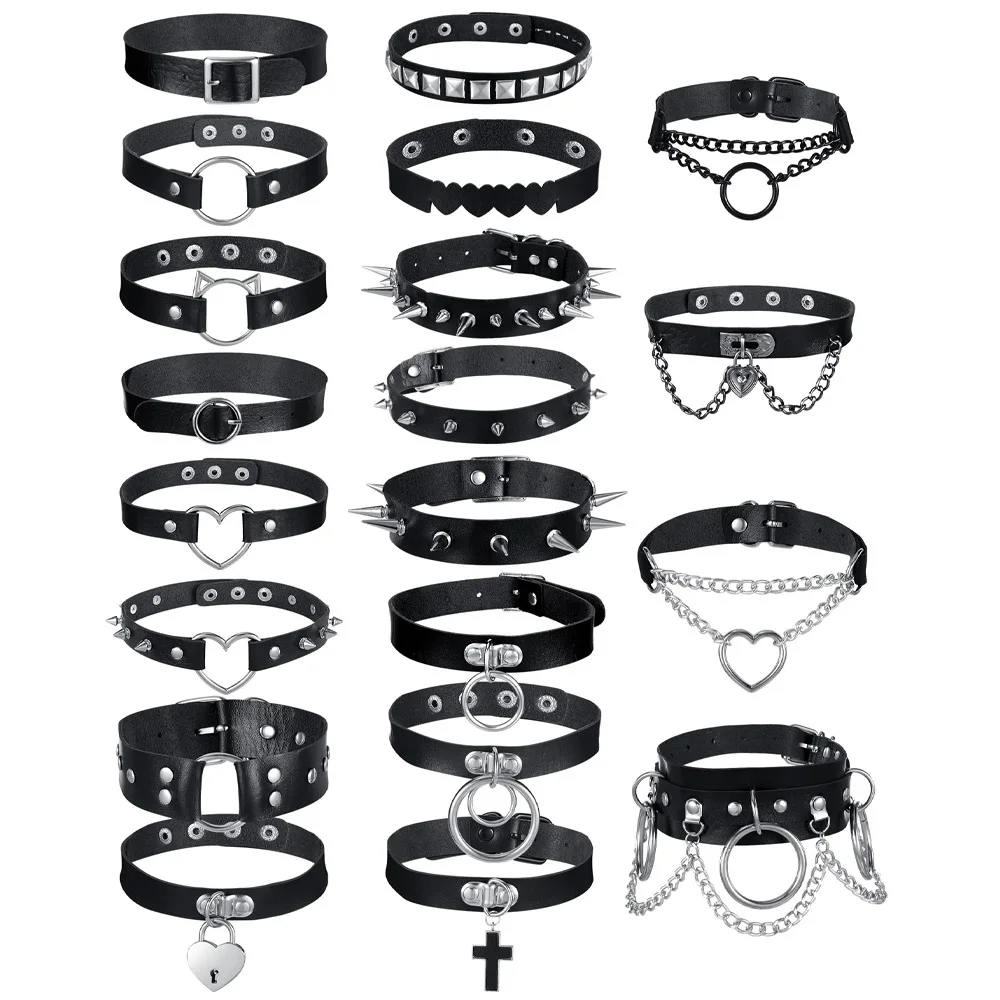 Women Gothic Punk Choker Collar Black Faux Leather Rivet Heart Chain O Ring Adjustable Necklace Cosplay Party Jewelry Gift Style
