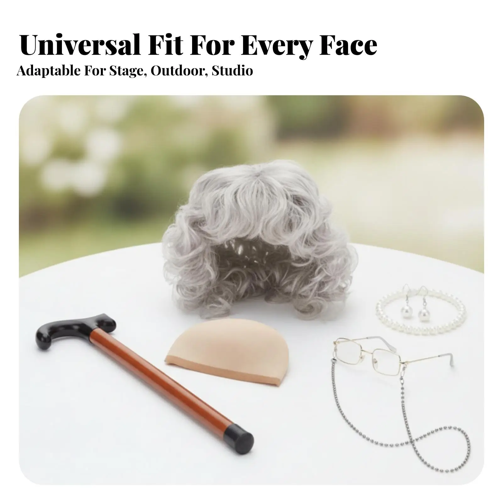 Short Curly Wig for Women Light Grey Grandma Hairpiece with Glasses Cane Jewelry Halloween Costume Accessories Set