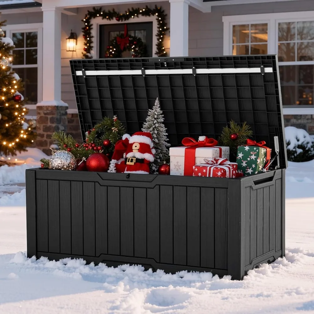 

120 Gallon Large Deck Box, Outdoor Lockable Storage Bin for Gardening Tools, Patio Cushions, Waterproof Resin Storage Box(B