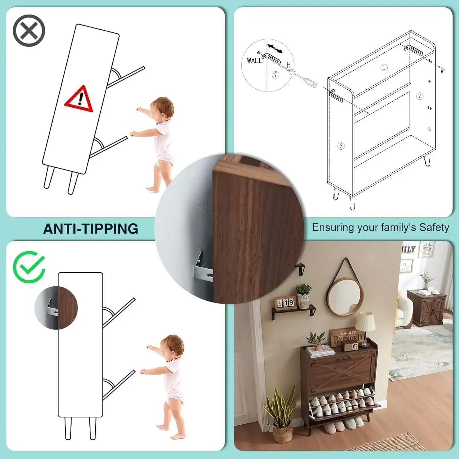 StorageShoe Organizer with 2 Flip Drawers & Barn Door  Hidden Slim Narrow Shoe Rack
