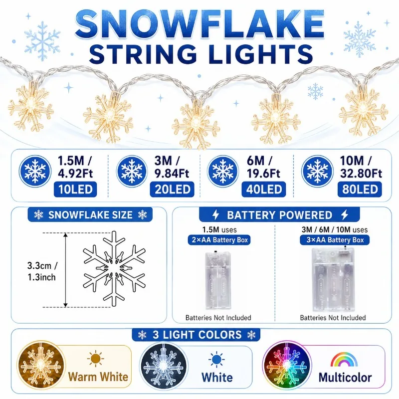 Battery Operated Snowflake LED String Lights 1.5/3/6/10M 10-80LED Warm Multicolor Xmas New Year Window Mantel Decorative Lights