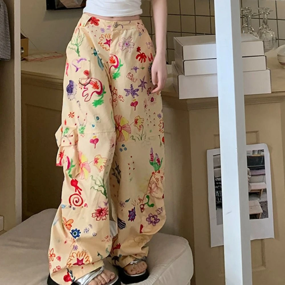 

Fashion Multi Pockets Baggy Cargo Pants Joggers Graffiti Y2k Wide Leg Pants Hip Hop Trousers Flower Printing Pants Women Dancing