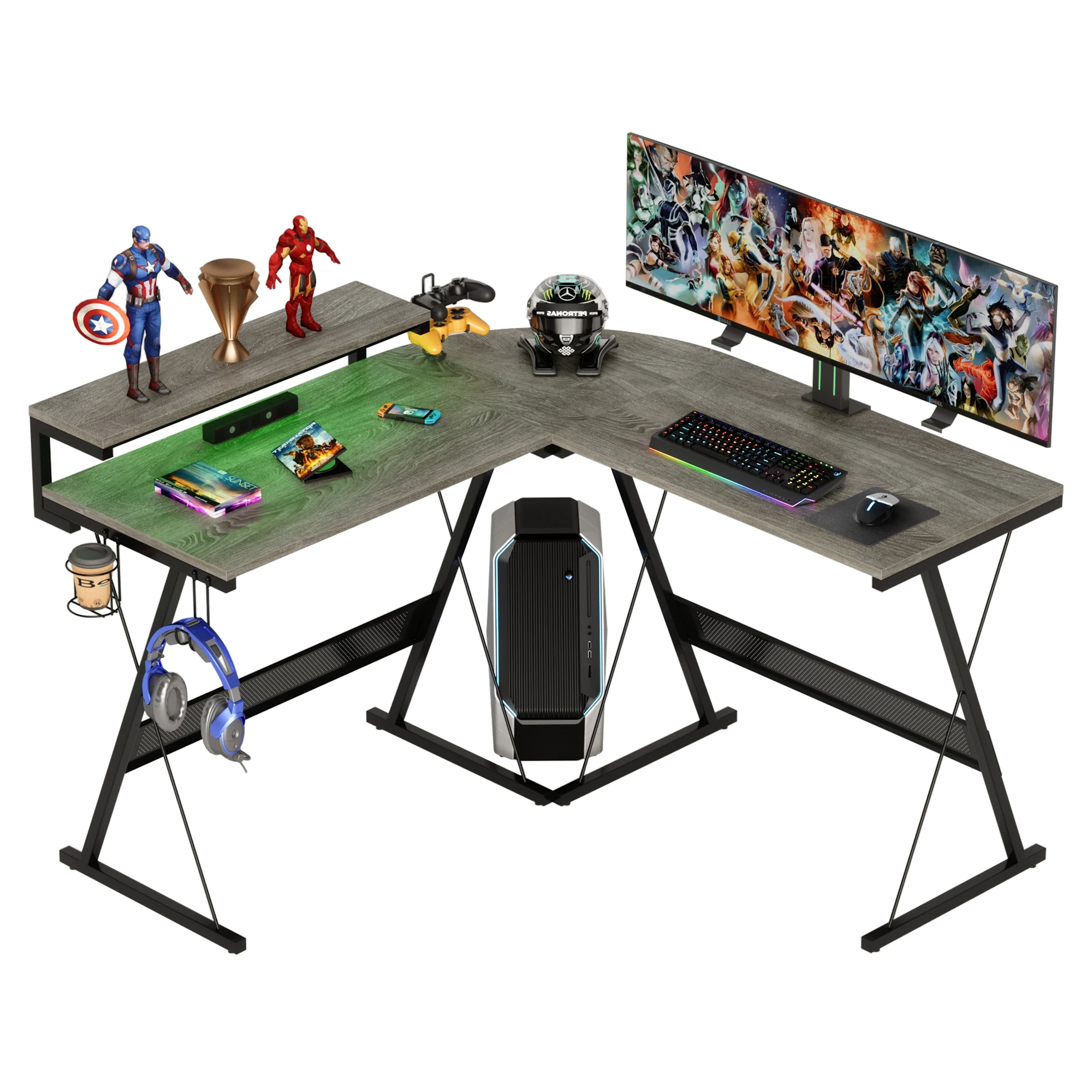 BESTIER RGB L Shaped Electric Height Adjustable PC Gaming Desk L Shape Table For Bedroom Internet Cafe