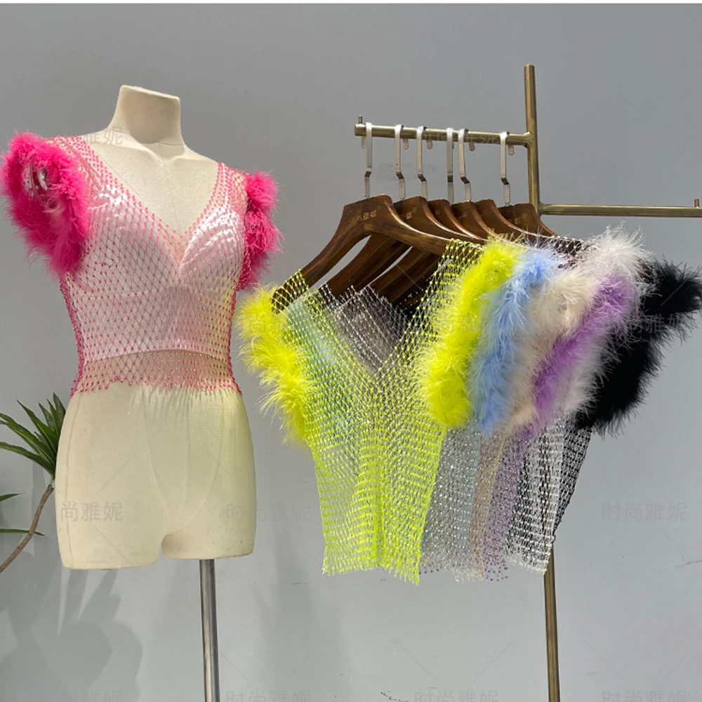 

Women's Diamonds Ostrich Feather Tops Sexy Party Club Mesh Cover-up Fishnet Beach T-Shirt V-neck See Through Sleeveless Vest