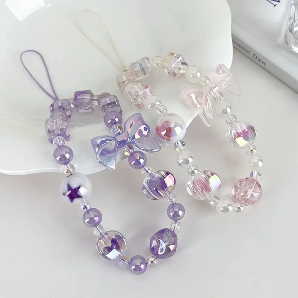 

Jewelry Sweet Candy Color Mobile Phone Chain Bracelet Cute Bow Beaded Cellphone Pendant Charms for all Phone Case Anti-loss
