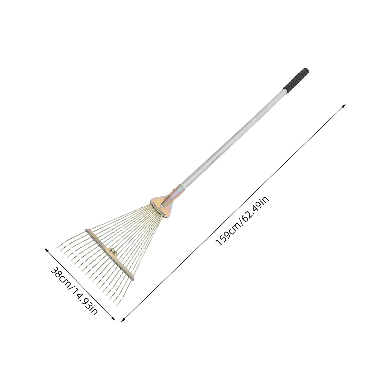 Wytrzymały grabie ogrodowe ze stali nierdzewnej, 18 zębów, efektywne zbieranie, przenośny uchwyt, wygodna konstrukcja do trawników, podwórek i ogródków kwiatowych.