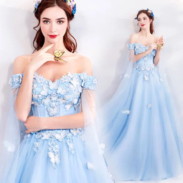 

Blue Butterfly Off the Shoulder Prom Dress Long Shawl Sleeves Princess Birthday Gown Evening Party For Women فستان حفلات الزفاف