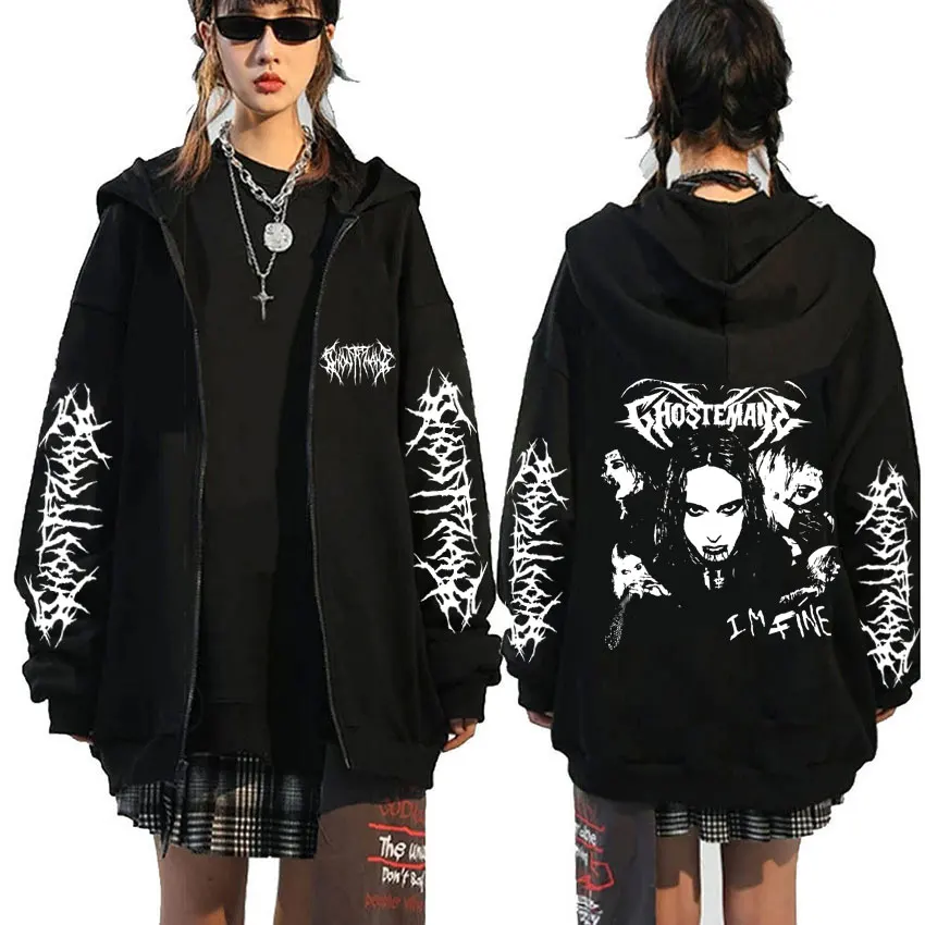 Men's Oversized Zip Up Hoodie Rapper Ghostemane Graphic Jacket Rock Style Metal Mercury Retrograde Classic Simple Long Sleeve