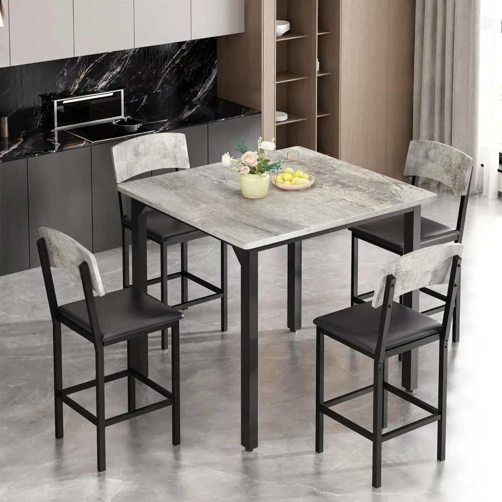 5-Piece Dining Table Set, Dining Table Set for 4, Counter Height Table & 4 Bar Stools, Modern Kitchen Dining Set, with Upholste