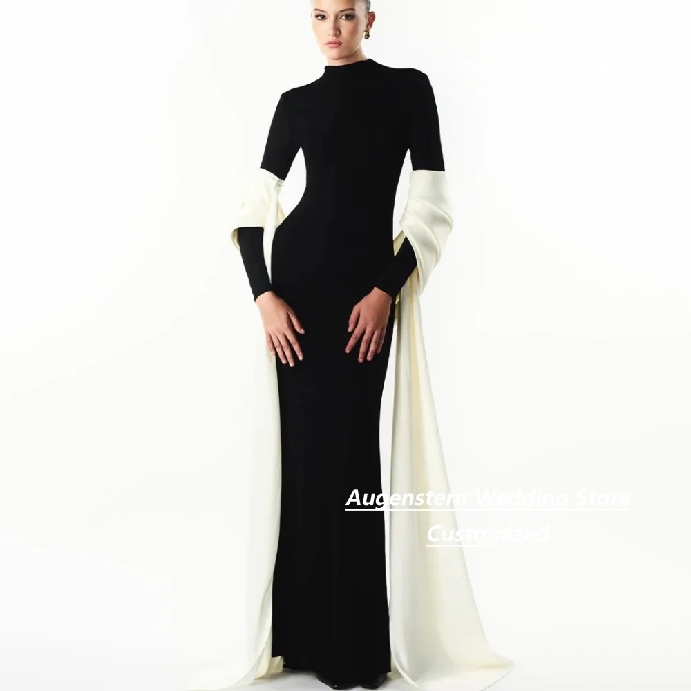 Customized Black Mermaid High Neck Long Sleeve Mother Of The Bride Gown With Ivory Cape Train For Wedding Guest Party Plus Size