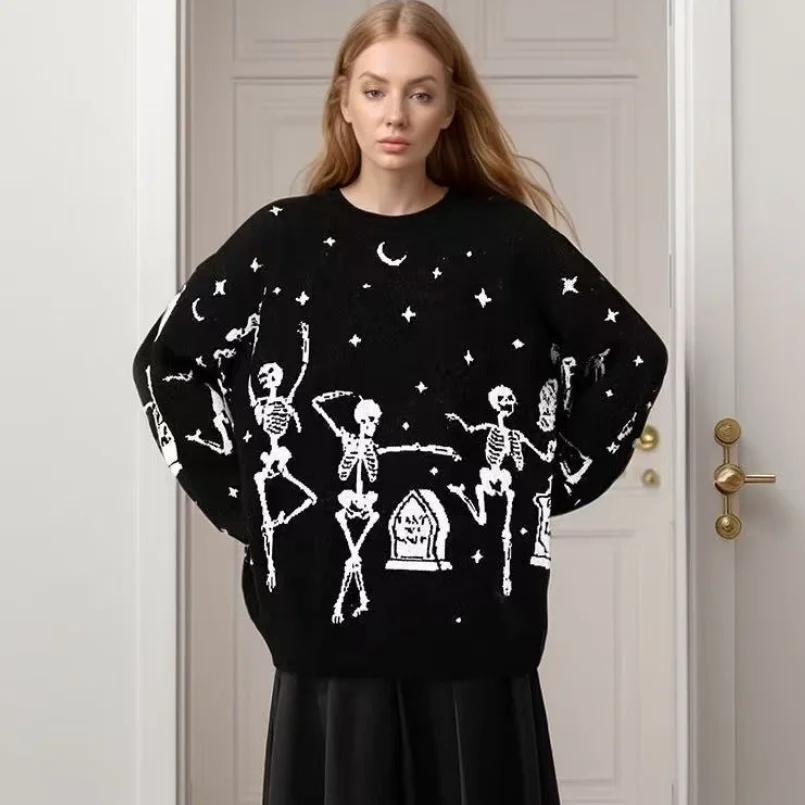 

Autumn Winter 2025 Halloween Jacquard Black Skull Knitted Pullover Warm Sweater For Women w03