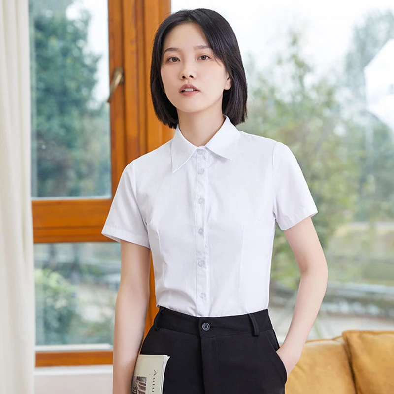 Y2K Women White Shirt Korean Casual Office Turn Down Collar Female Short Sleeve Blouse Fashion New Button All Match Ladies Tops