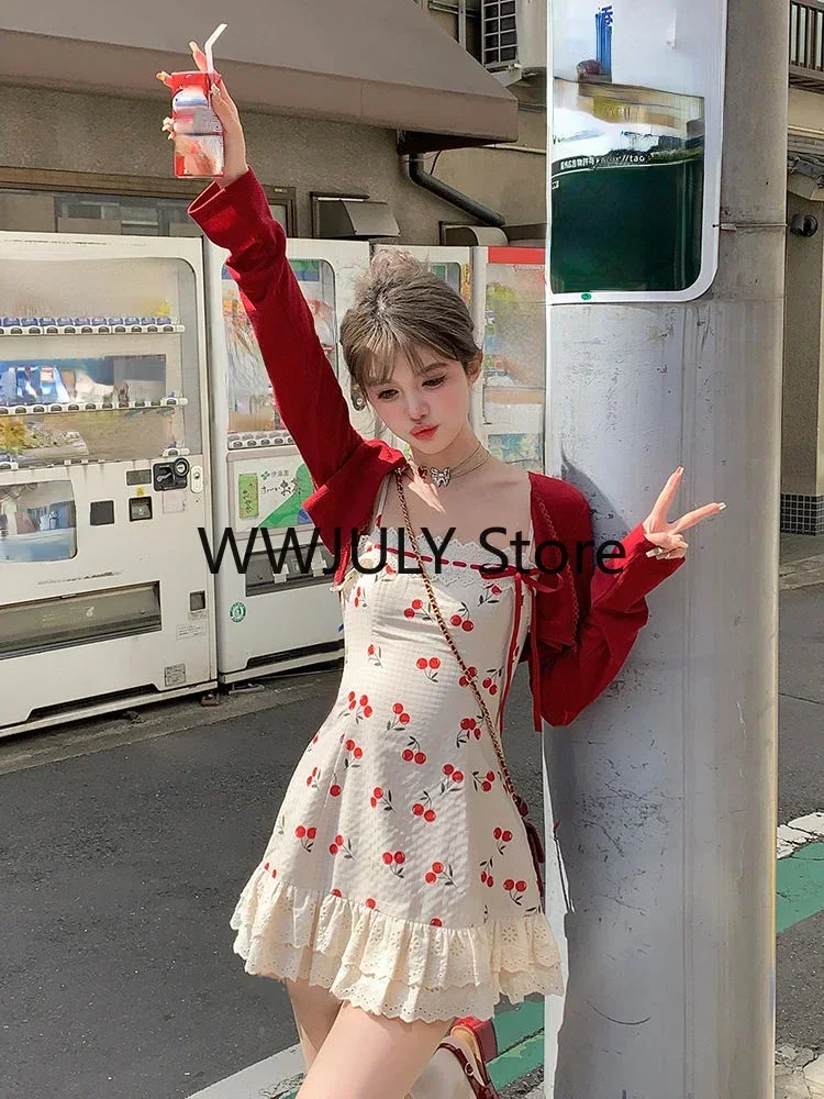 2024 New Red Casual Crop Tops Cardigan Sweet Lace Y2k Mini Dress Party Sexy Strap Dress Korean Fashion Suit Woman Autumn Chic