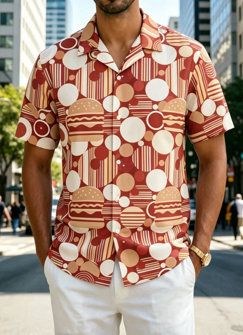 Men's Retro Geometric & Pop Art Print Shirt，for Casual City Strolls, Vintage Markets, Coffee Dates and Laid-Back Weekend Plans